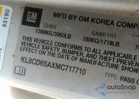 2021 Chevrolet Spark Fwd 1Lt Automatic из США, поврежденный, VIN KL8CD6SAXMC717710